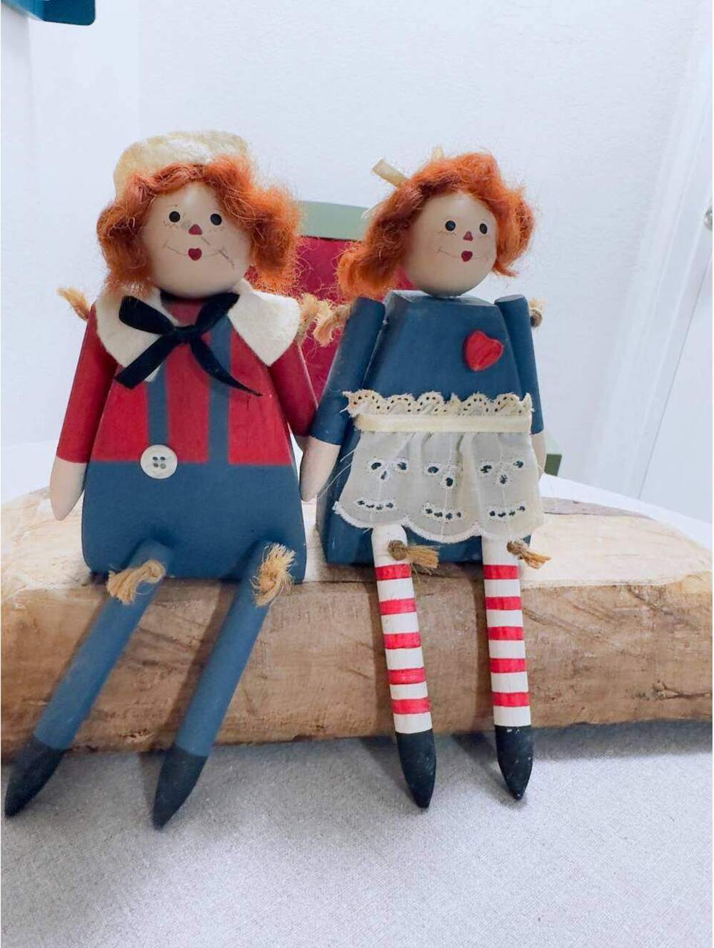Vintage Wooden Raggedy Ann & Andy Dolls Folk Art Shelf Sitters Pair